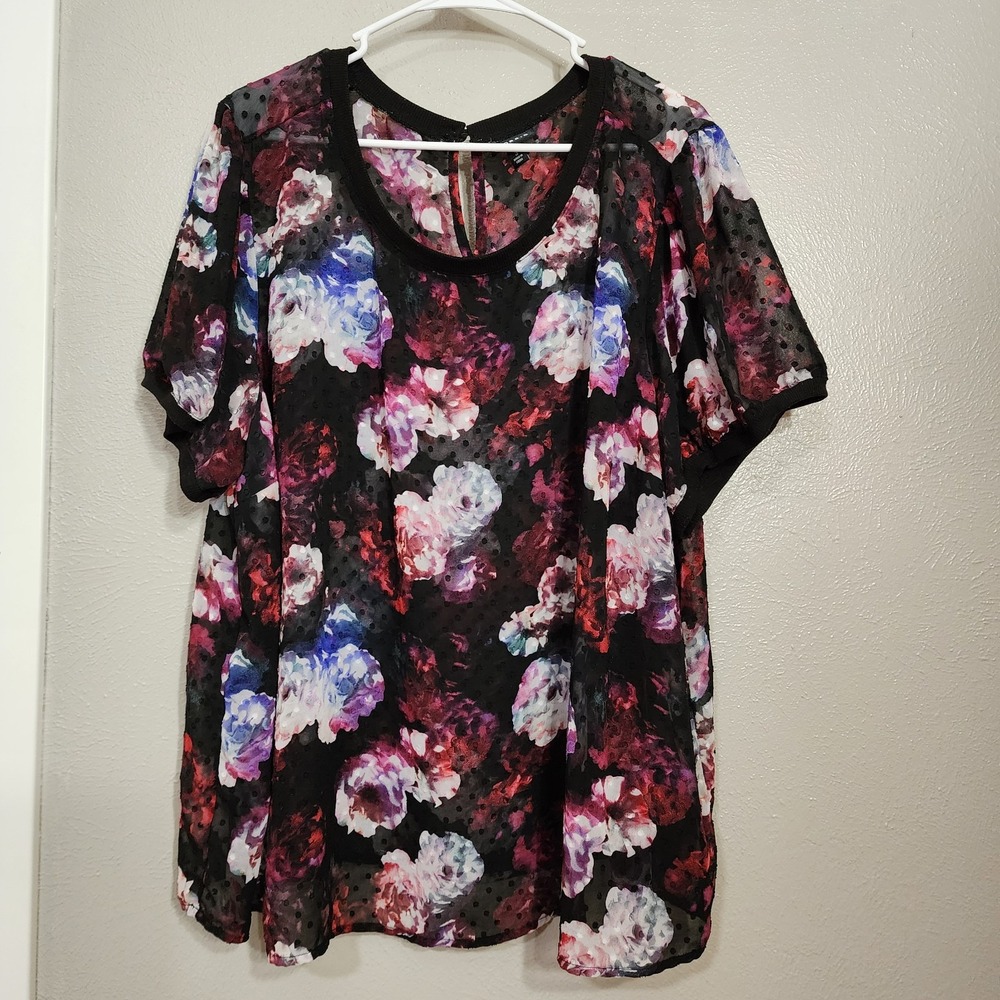 Torrid Women's Plus Size 3 Blouse Black Floral Crinkle Chiffon Rib Trim Top